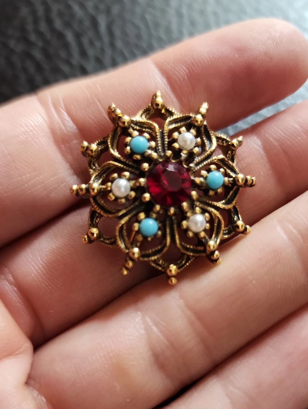 VTG Gold-Tone Floral Brooch with Red Crystal and Turquoise Accents